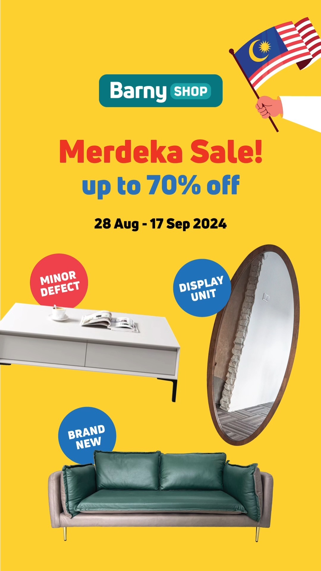 🎉🇲🇾 Merdeka Sale is here! 🇲🇾🎉Discount up to 70% off on everything from slightly defected furniture to display units and brand-new deals&mdash;all at prices you won&rsquo;t believe! 😍